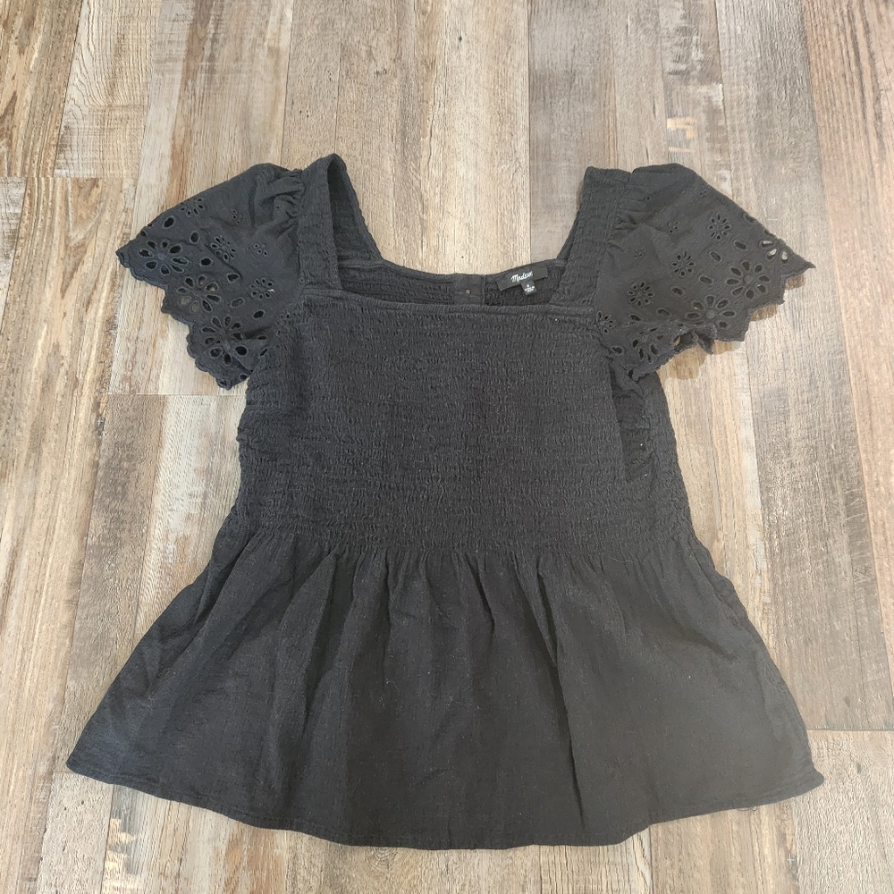 Madewell Black Eyelet-Sleeved Lucie Smocked Peplum Top Size Small - Picture 1 of 6